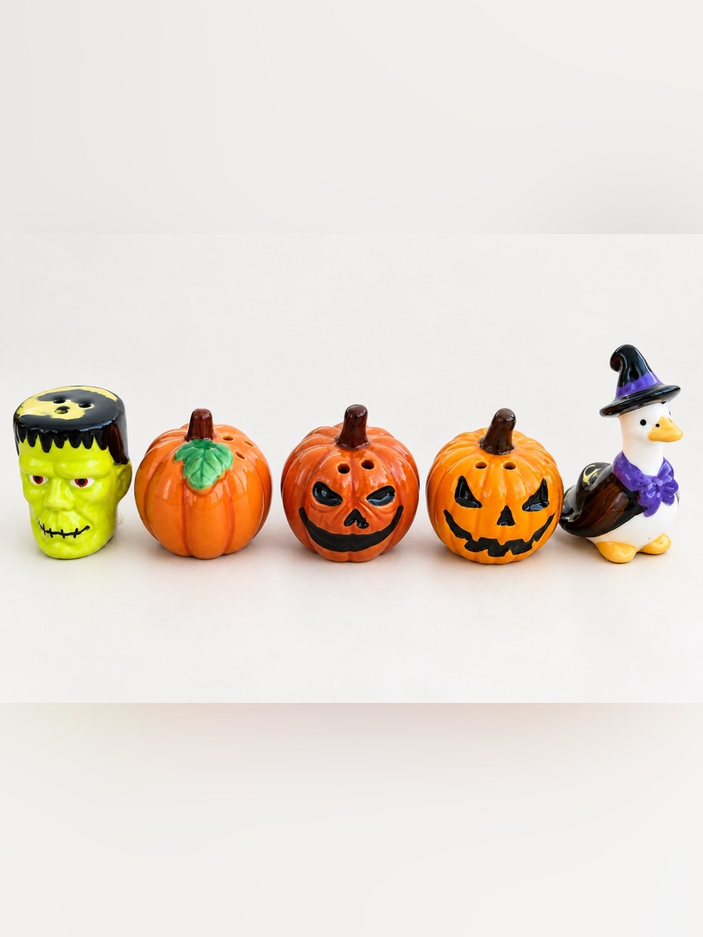Cracker Barrel Halloween Pumpkin Frankenstein Salt & Pepper Shakers 5 PIECE